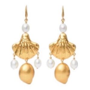 Tory Burch Gold and Pearl sea  Shell long drop  Earrings